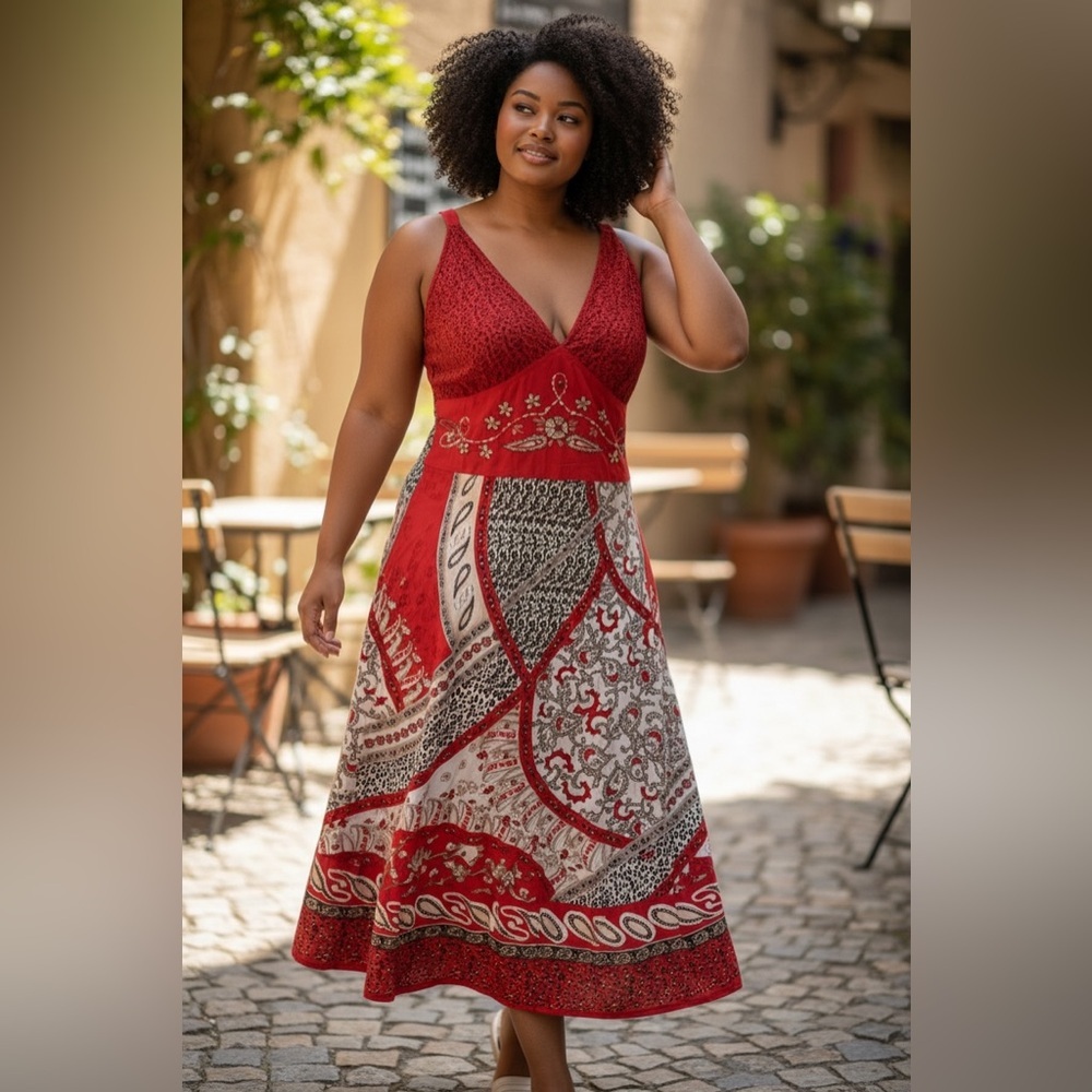 Mlle Gabrielle Red Boho Patchwork Midi Dress 2X Sundress